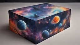 a box 10 cm long by 5 cm wide and 25 cm high, drawn on a box on all sides, space, tress, planets, crow galaxies a lot of colours, very realistic