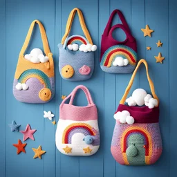 Create an imaginative artwork showcasing a crochet baby bag with a funny and unique design inspired by a magical theme, incorporating elements like stars, rainbows, and smiling clouds. The bag should be adorned with whimsical details that spark joy and creativity in children.