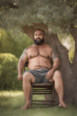 half figure shot photography of a marocan ugly dirty burly muscular chubby farmer 36 years old, bullneck, strong arms, big belly, manly chest, very sweat, shirtless, short beard, tattoo, curly hair , short bulging pants, open legs sitting on a chair under an olive tree , big tights, barefoot, ambient occlusion, hyper detailed photography, photorealistic, 35mm lens, side light, frontal view from below, natural colors