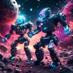 weaponized space robot fight covered with glowing crystals, nebula particles in air, in space, galaxy in background, bright colors, glowing sparkle particles, dark tone, sharp focus, high contrast, 8k, incredible depth, depth of field, dramatic lighting, beautifully intricate details, clean environment, epic dynamic scene