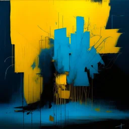 Minimal abstract oil painting of bright coral yellow and blue. with random words. Brutalist fragments Line sketches. illuminated at night. In the style of Justin Mortimer and Phil Hale and Ashley Wood