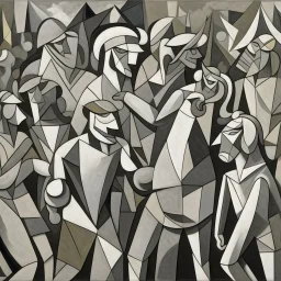 piccasso crowd people cubism with bull screaming gray