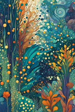 random color Zentangle patterns in the styles of Gustav Klimt ,Wassily Kandinsky, Paul Klee, and Kay Nielsen that depicts an underwater kelp forest