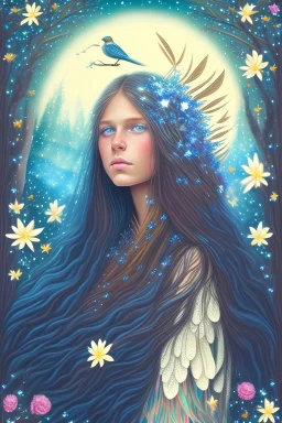 angelical indigenous , long hair, blue eyes, flowers, stars, galaxy, forest, birds