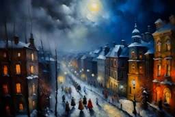 oil paint, people walking at night on a snowy city, Christmas decorated street lights, night Christmas lights, smoke from the fire places of the houses, colours, trees without leaves, moon behind the clouds, view from above, extra ordinary details.