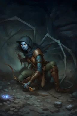 female, blue skin, glowing bright yellow eyes, spider legs behind back, brown leather armor, holding bow, quiver of arrows, hood, black hair, hyper realistic, ruthless expression, stalking in the dark cave, dim glowing mushroom on cavern wall