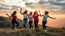 a group of Turkish young ladies in sports pants and blouse are dancing in high grassy hills ,cloudy sun set sky