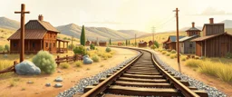 old western railroad track, childrens book illustration