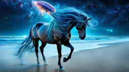 jellyfish-horse hybrid , stunning weird, blue sand, galaxy, stars, fantasy, sci-fi, detailed, masterpiece intricate detail, deep colors, hight textures, glitch, metallic shine, sharp focus, 64 megapixels, surreal mood