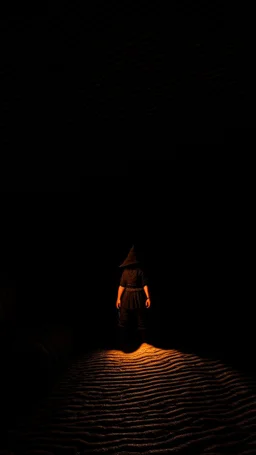 character in semi-darkness, on the scree cone of an underground room dimly lit by daylight coming from a well located forty meters above.