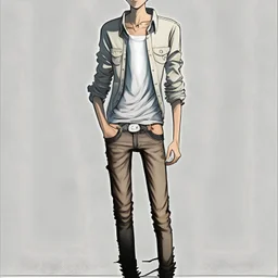 Teen man, black hair, black leather jacket, perfect face, style of tomer hanuka, jeans, pompadour. standing, full body