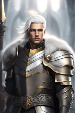 Male Tan Human, White Hair, Handsome Face, King Crown, Dark Heavy Armour, Black colour theme, Dark Background