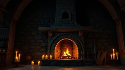 medieval old stone fireplace, candles, night, 8k, high quality, trending art, trending on artstation, sharp focus, studio photo, intricate details, highly detailed, by tim burton