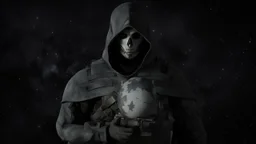 ghost from call of duty without mask, in black background, with stars, the moon behind