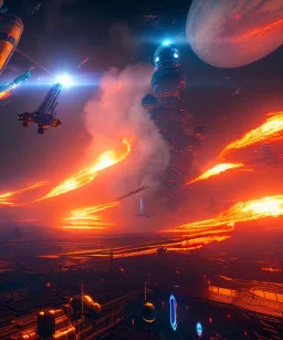 Cyborg space colony with sky full of fire|mdjrny-v4 style| symetric| robot | warfare | space | wide angle| intricate detailed| hyperrealistic| cinematic lighting| cinematic colors|hdr | unreal engine