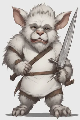 Dnd a young bugbear with WHITE fur and leather armor with swords