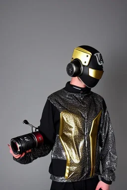 Metallic Cyber-punk style man with a web-camera-mask and old AKG-style headphones with golden rings. Large fencing mask covers man's cheeks. Man in good body shape. Reflective plastic body jacket full-coverage. Body and head full of integrated old-fashioned cameras and an old telephone. . Perfect body. Euclidean 3D-tiling, Escher tiling, background. Cables in head. Daft Punk, Matrix movie black leather jacket with a Hood. Silvery black leather surfaces body. 1990's