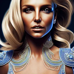 britney spears, Cyborg queen, light blonde hair, pixie hairstyle, cobalt eyes, waist up portrait, 8k resolution, intricate details, ornate details, soft lighting, vibrant colors, masterpiece, intricate eyeliner, dark eyeshadow, eyes, intricate tattoos, gradient background