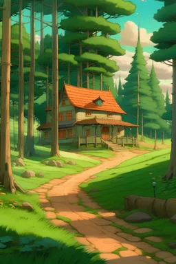 Ghibli style a country cottage at the end of a dirt road, surrounded by very tall pine trees