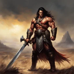 [war hammer] In the desolate steppe, Conan stands tall, Fierce eyes blazing, his grip tight on a warhammer's thrall. His hair wild, the wind whipping through, A warrior's gaze, piercing and true. Muscles honed by battles fought, Scars etched on his face, lessons hard-wrought. Warhammer gleaming, a weapon of might, Conan embodies strength, a force to ignite. Defiance and resilience in his every stance, A symbol of justice, ready to advance. With untamed power and unwavering will, Conan's legend g