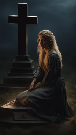 photorealistic hyperdetailed young woman with dirty blonde hair kneeling by a grave with a wooden cross