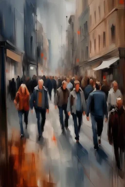 An oil paint about a lot of people walking in a street, in the same direction, some of them are like blurry, they are missing. The angule is from 130%