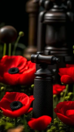 A small wooden hammer near a black pistol, red lipstick in a dark garden filled with red poppies.Cinematic and realistic image