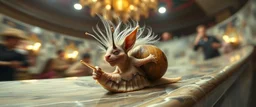 hårete gremlin hurtig snegle med vind i håret på fest med stor slegge aker ned sklie av marmor malt av Rembrandt, motion blur background