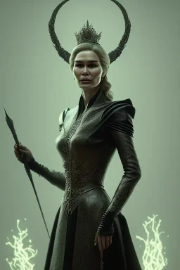 Cersei Lannister as evil queen in black leather, busty, cleavage, voluptuous, lena headay, angry, stern look. character design by cory loftis, fenghua zhong, ryohei hase, ismail inceoglu and ruan jia. unreal engine 5, artistic lighting, highly detailed, photorealistic, fantasy