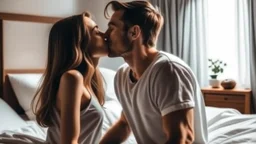 Couple in love kissing on the bedroom at home. Loving boyfriend and girlfriend sharing love together.