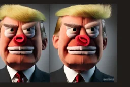 Angry muppet trump, in suit, eyebrows, spray tan