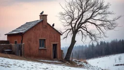 a lonely old adobe hut with worn adobe brown-gray wall and a small window, a crumbling roof, an old chimney stands on a hill, next to it is a small woodshed by the wall, and an old withered tree leans over the hut on thr old tree sitting a black crow, the hut stands on the edge of a European forest, winter, snowy landscape, low light, dawn, snow, high detailed, sharp focus, high realistic, perfect photo