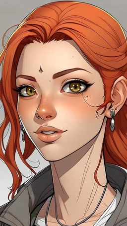 Realistic anime art style. A lithe mid-thirties sporty red-haired woman. She has light brown skin and light brown eyes, and her shoulder-length red wavy hair is drawn back in a ponytail. Her eyes are marked with black eyeliner and her eyelashes enhanced with black mascara. Her left nostril is pierced with a small gold stud. Her fashion sense would best be described as sporty.