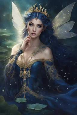 Midnight blue,Dark blue hair,night,dark fairy princess ,elven crown,elven ears,sparkle,glitter,gold armor,dragonflies,rapunzel hair,water lilies