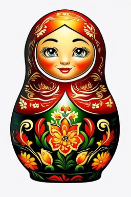 draw a matryoshka doll in the style of Khokhloma, the matryoshka is smiling, take the matryoshka dolls patterns from Khokhloma