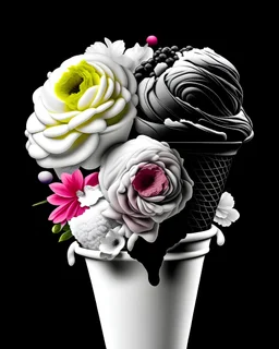 ice cream half colored and half in black and white with flowers