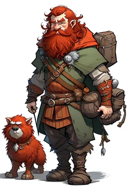 an male dwarf redhead ranger with big beard, and a bear pet with bags, dungeon and dragons, rpg