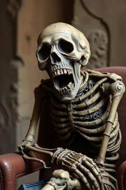 a decrepit mummy leaned over in a brown chair, mouth open