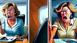 double scene left with with angry lady at home on phone and the right with airline representative on the phone