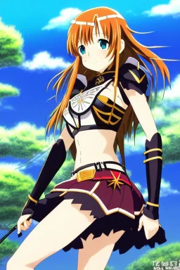 In the style of Kodomo Anime, concept illustration, super-detailed, beautiful teen female who is 16 years old with long ginger hair and freckles, full lips, full body, full face, b-cup breasts, athletic, centred camera, ignore NSFW, skimpy brown fantasy leather armor, halter top, micro thong, knee-high leather boots, open leather skirt, stern expression, cute pose with hands behind butt