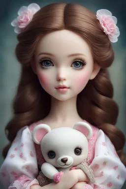 a close up of a doll holding a teddy bear, artdoll, brown hair, realistic cute girl painting, anime barbie doll, carlos ortega elizalde, doll, kawaii realistic portrait, portrait of barbie doll, young girl, cute pocelain doll, by nicoletta ceccoli, barbie doll, beauty girl, beautiful and realistic face, beautiful fantasy art portrait, cute young girl