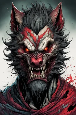 highly detailed full color, concept illustration of an ancient lycanthropic anti hero character , maximalist, sharp focus, highest resolution, in the styles of Alex Pardee, Denis Forkas , and Masahiro Ito, boldly inked, 8k, coarse, gritty textures