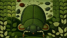 An olive green Bug Veilspun designed in German folk art painted by Henri Rousseau