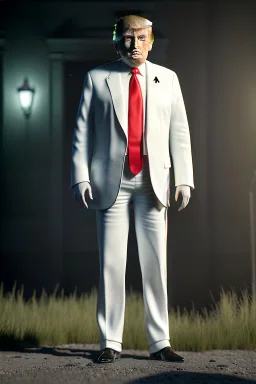 Ultra realistic image night, Donald trump zombie, suit, blood, torn arm, night, the walking dead style, dark ambient, highly detailed, White House background, concept art, unreal engine 5, ray tracing, RTX, focal lighting, ultra detail, volumetric lighting, 3d, finely drawn, high definition, high resolution.