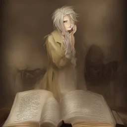 portrait of one single calm elf with white hair in beige coat reading a huge book, fantasy character art, concept art, somber, gloomy lighting, 3d concept art, stylized