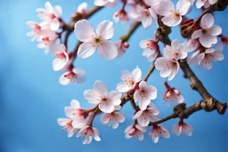 fantastic light pin blue background with four bunches of cherry blossoms