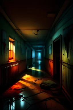 A chillingly eerie cartoon-style image depicts a desolate and abandoned hospital consumed by haunting darkness. The flickering lights cast an ominous glow on the ghostly nurse lurking in the shadowed corridors. Against a dark background, vibrant and vivid colors intensify the sinister atmosphere. This high-quality image, resembling a haunting painting, showcases every eerie detail meticulously, immersing viewers in the macabre narrative of a forgotten place.