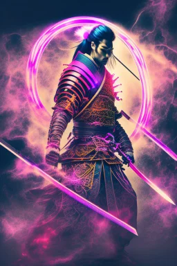 Mystical samurai emitting an aura with a long, neon sword emitting an aura