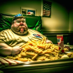 patriotic repulican super fat american eating a giant pile of fries in the emergency care room patient bed HD