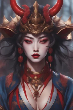 portrait of a young alluring female oni samurai wizard in Japanese priestess armor, demon horns, feudal japan, D&D character, RPG, fantasy character, stylish, 8k, beautiful, perfect lips, red lips, vampire fangs, blue makeup around eyes, red makeup on cheeks, detailed eyes, perfect eyelashes, big chest, houtglass body, pale white skin, seductive expression,casting spell, cherry blossoms in background, legend of the five rings rpg, anime art style, heroic pose, full body picture